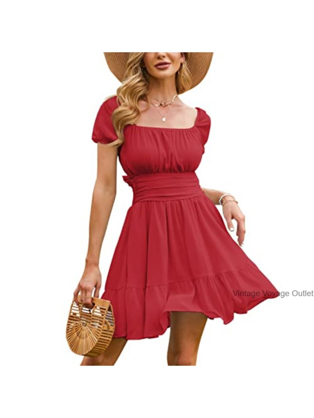 EXLURA Women's Puff Sleeve Mini Dress Tie Back Smocked Waist Chiffon